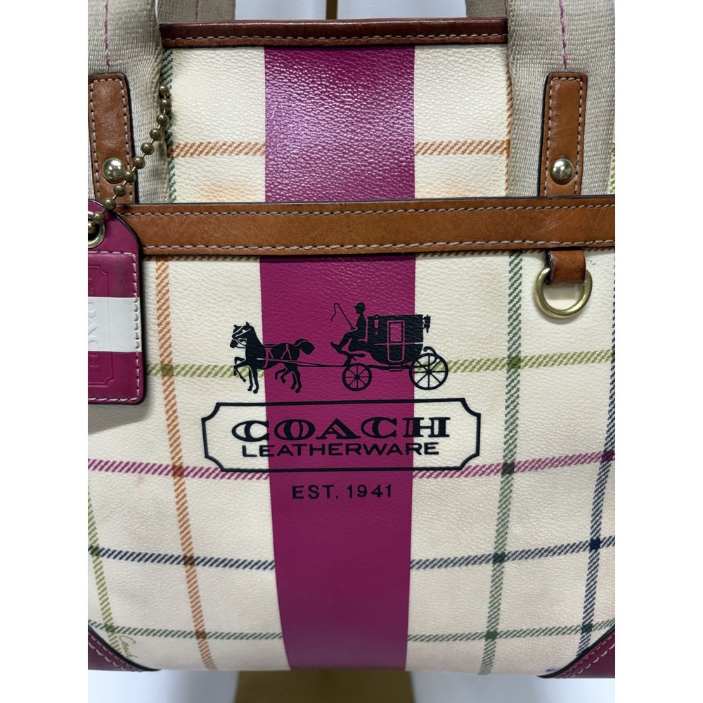 Coach Heritage Leatherware Tote Womens Pink White Tattersall Plaid Webbing Strap - Picture 3 of 9